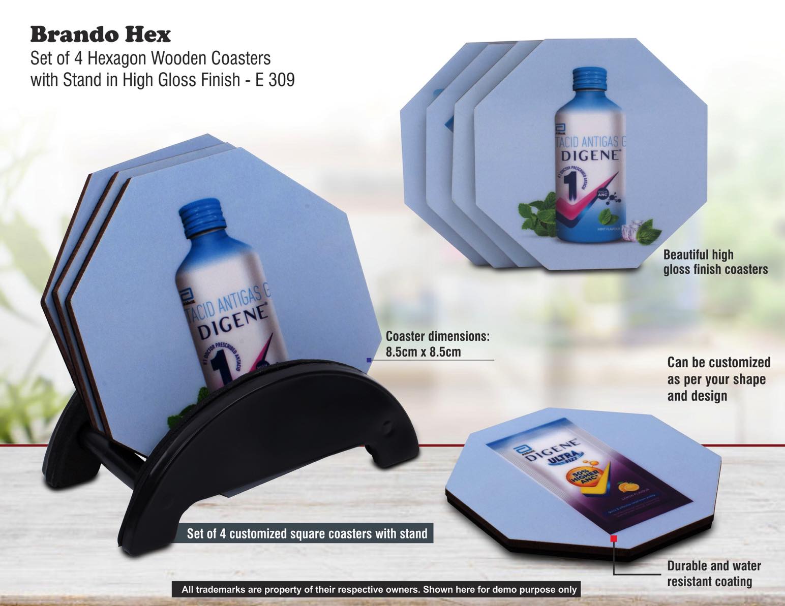E309 - Brando Hex: Set of 4 Hexagon Wooden coasters with Stand in High Gloss Finish | MOQ 100 pcs