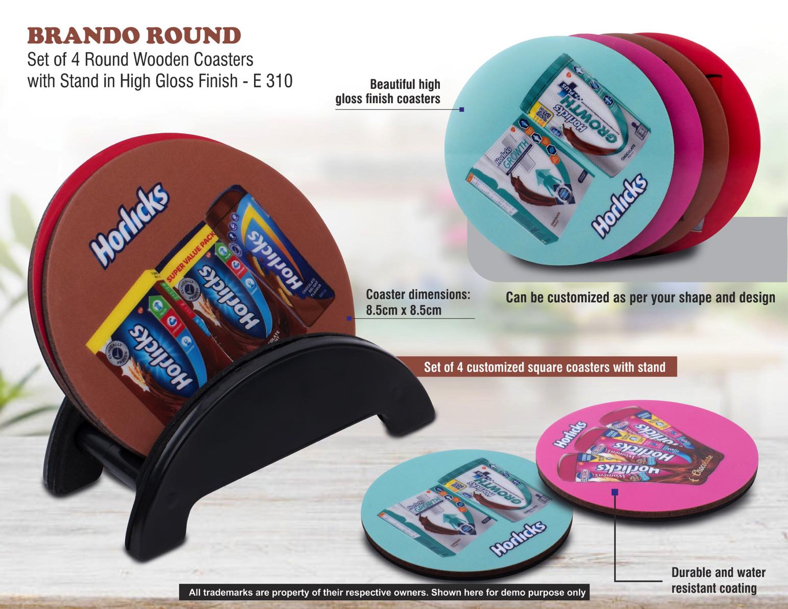 E310 - Brando Round: Set of 4 Round Wooden coasters with Stand in High Gloss Finish | MOQ 100 pcs